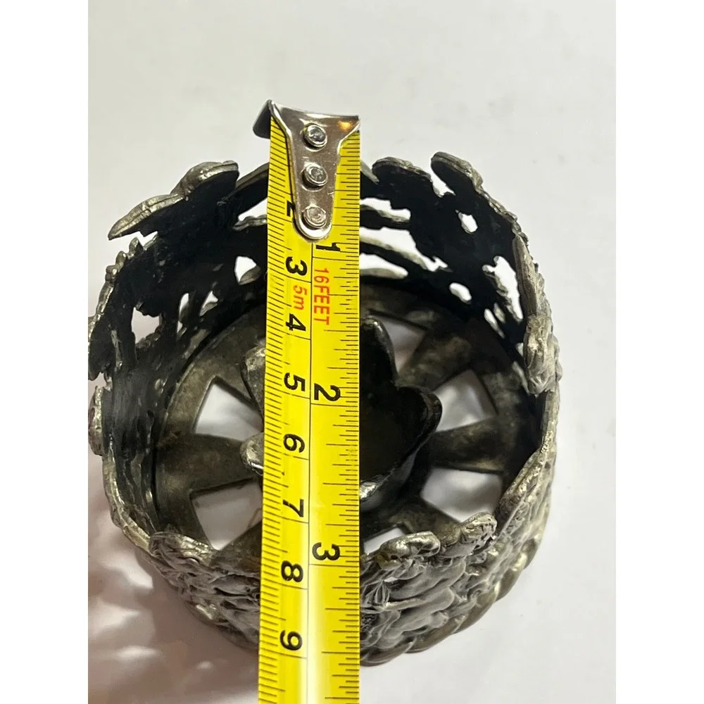 Vintage Pewter Cherub Angel Candle‎ Holder Round Openwork Relief Silver Tone 3in